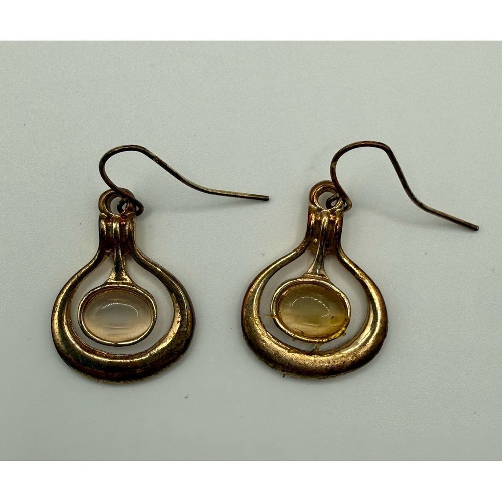 Vintage Earrings Dangle Design With Teardrop Metal Frame Central Bezel Set Stone